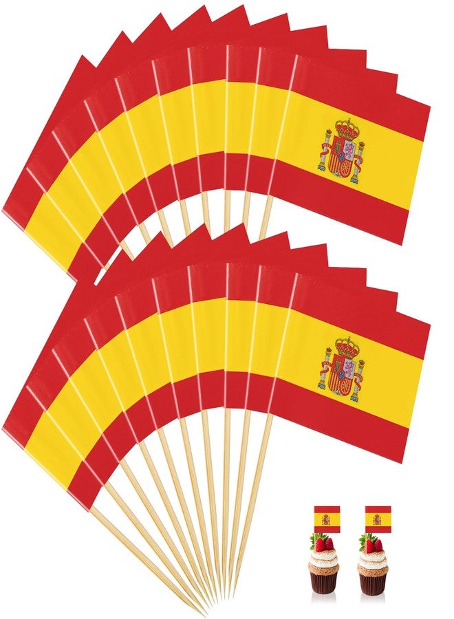 Geodurn 200 Pcs Small Spain Flag Toothpick Toppers Picks, Mini Spanish Cupcake Flags on Wooden Sticks for National Day, Hispanic Heritage, Football Parties, Cocktails, Tapas, and Table Decorations - Image 1